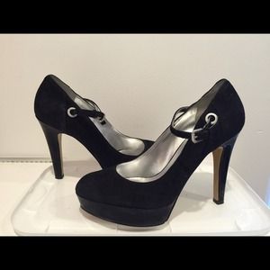 Black suede and patent leather heels