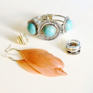 Jewelry bundle silver cuff feather earrings rings