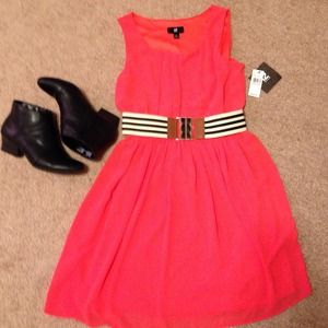 Coral belted lined floaty dress