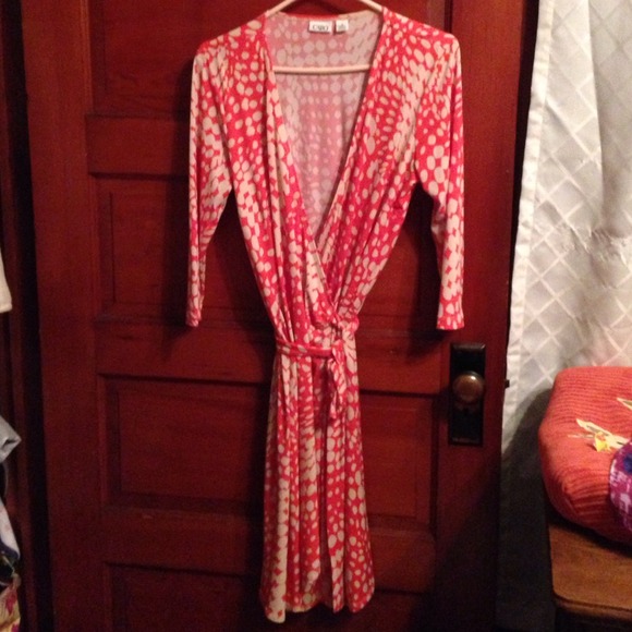 Orange print wrap dress.