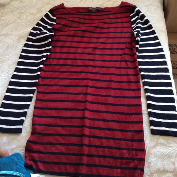Dark red with blue and white long sleeves