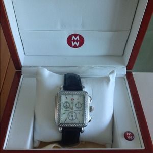 MICHELE deco diamond framed pearl faced watch