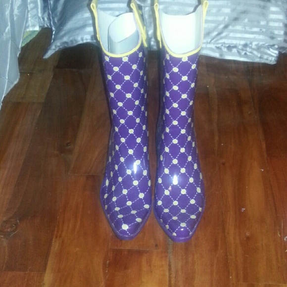 Purple and yellow Rain boots