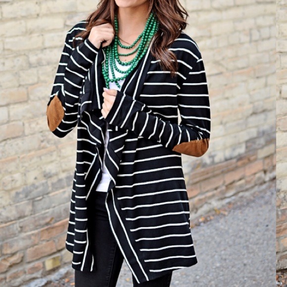 E2 Clothing Tops - NWT Black & White Striped Elbow Patch Cardigan