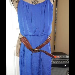 Blue Strapless Dress with Brown Belt in Small
