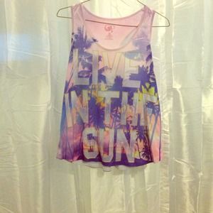 Colorful palm tree tank top with words.
