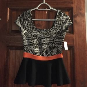 Black, White, & Coral Peplum Shirt