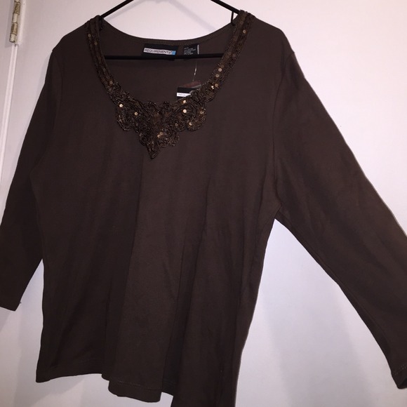 3/$25 Chocolate brown top w/ embellished neckline - Picture 2 of 4