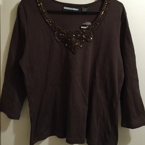 3/$25 Chocolate brown top w/ embellished neckline - Picture 3 of 4