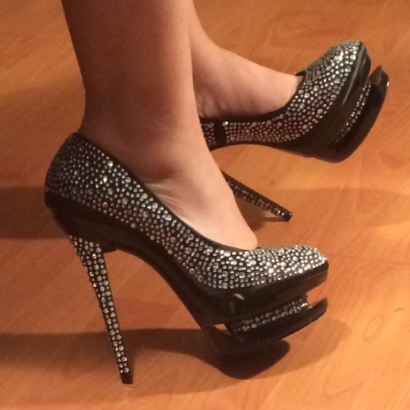 ✨New! Glamorous Black Silk Diamond Platform Heels