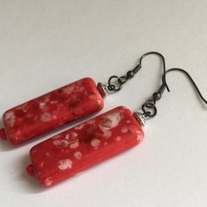 Red Handmade Porcelain Rectangle dangle Earrings