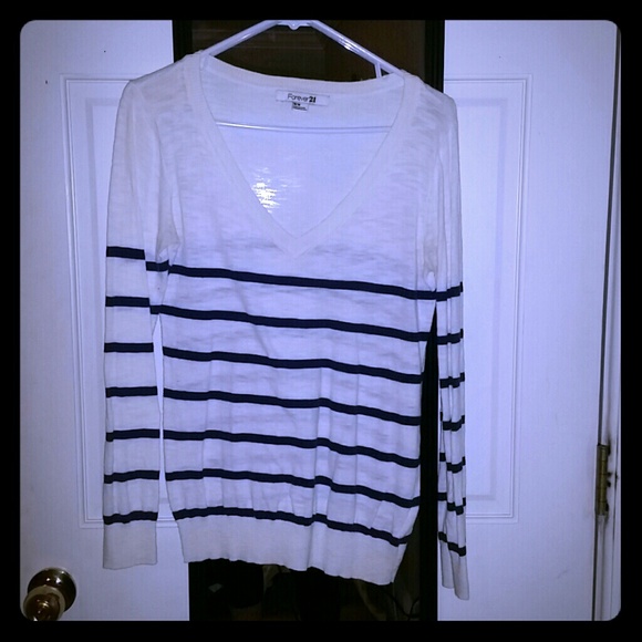 White & Navy Striped Sweater - Picture 1 of 3
