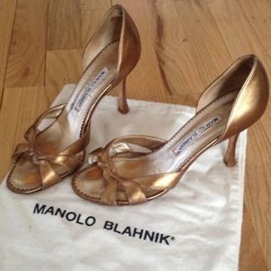 Manolo Blahnik metallic gold-bronze open toe heels