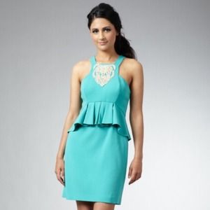Tibi Aqua Beaded Peplum Dress