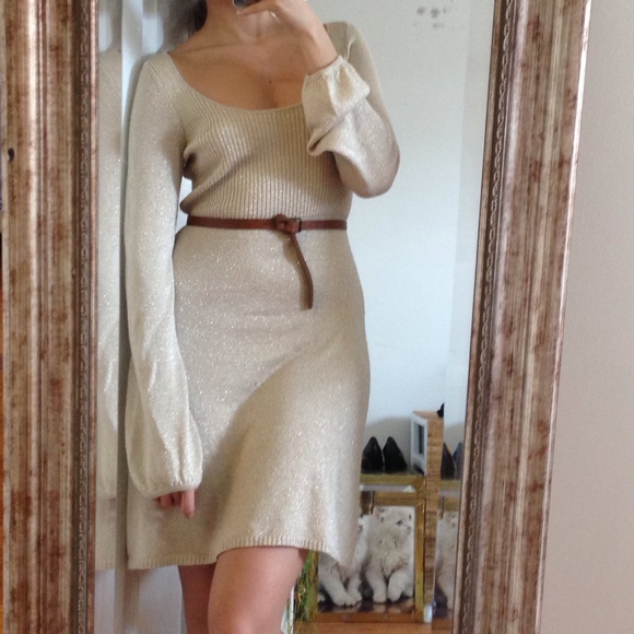 Express Cream Glitter Sweater Dress