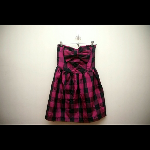 Red Violet Plaid Strapless Dress