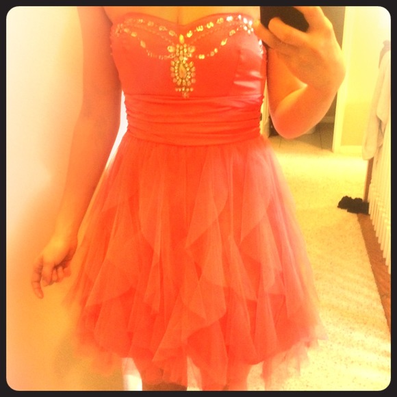 coral dress for dance/event, beaded, waterfall