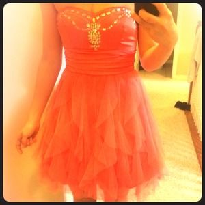 coral dress for dance/event, beaded, waterfall