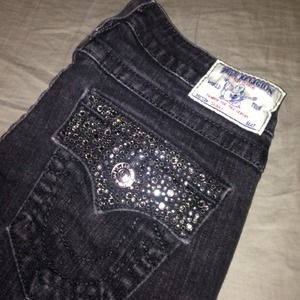 Black faded True Religion straight legged jeans