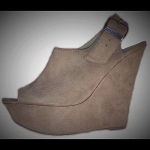 Tan Suede Sling Back Wedge Heels