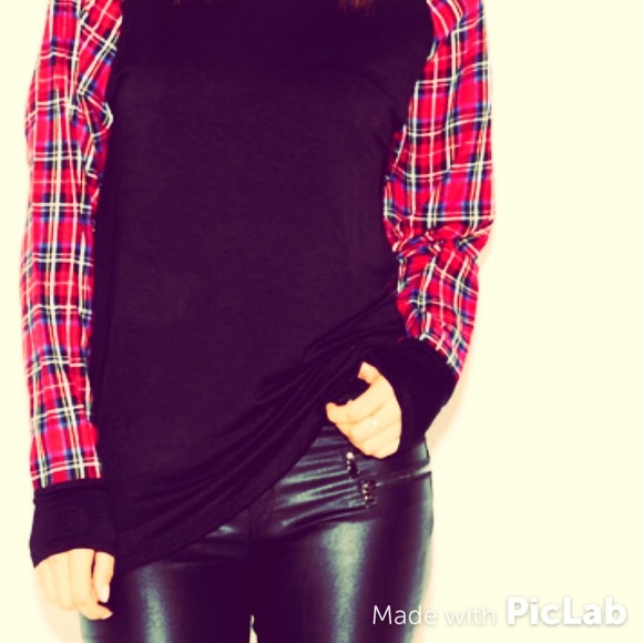 Soft black top with red plaid sleeves