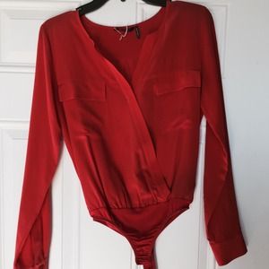 Long sleeved red bodysuit blouse