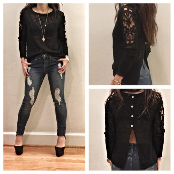 crochet trim button back sweater - Picture 2 of 4