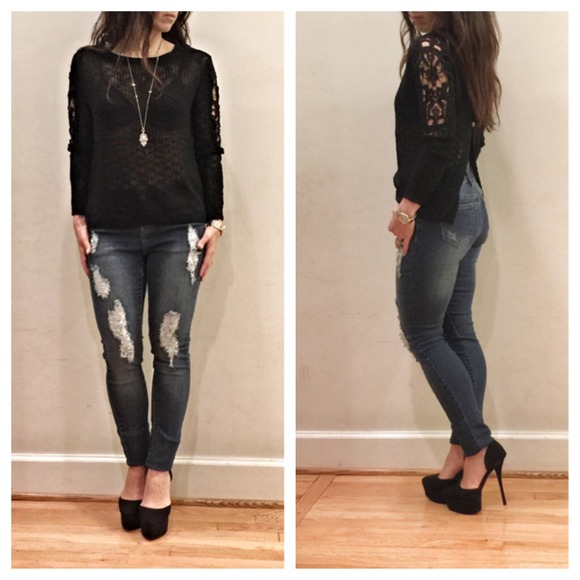 crochet trim button back sweater - Picture 3 of 4