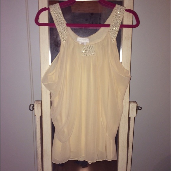 Champagne colored, sparkly, draped tank top
