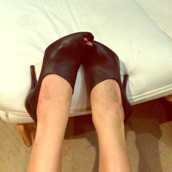 Black leather open toe heels