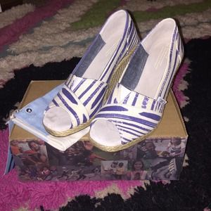 • SOLD • Blue and White Canvas TOMS Wedge Sandals