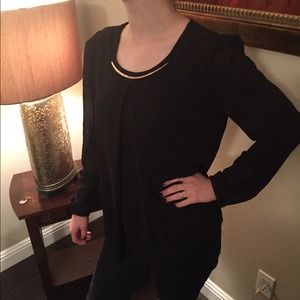 Black tunic dressy blouse with gold accent collar