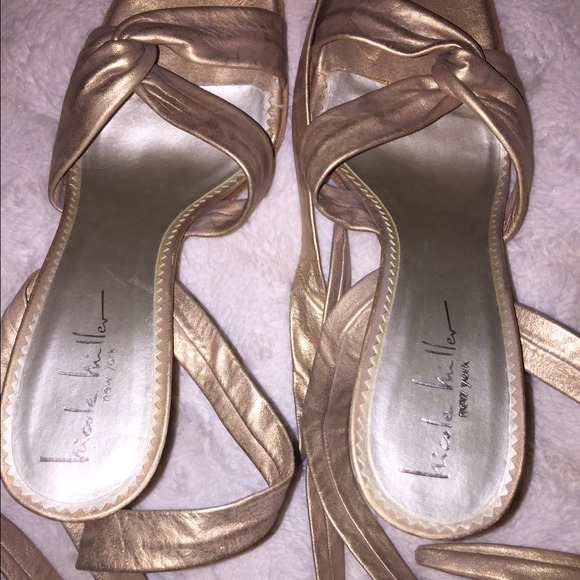 Shiny gold, 4 inch heels, that tie up or down