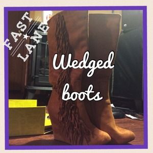 NWOT Gorgeous Brown fringed wedge boots.