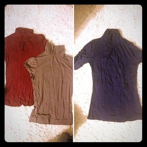 3 turtle neck tops. Dark red,  tan ,purple "plum"