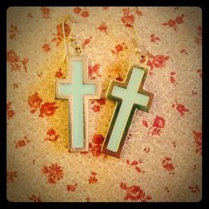 Gold and mint green cross earrings ๐๐