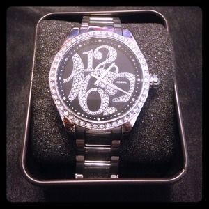 Fossil Silver/Black Watch with Rhinestones