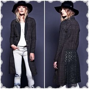 Free People Lace Lapel Menswear Plaid Jacket
