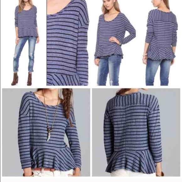 Free People Blue Berkin Waffle Top AuntieEm Peplum - Picture 2 of 2