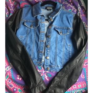 Denim Jacket with Leather Sleeves