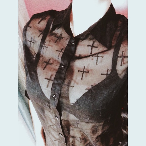 SOLD Velvet and chiffon cross button up top - Picture 2 of 4