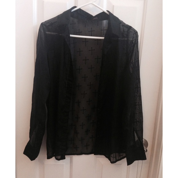 SOLD Velvet and chiffon cross button up top - Picture 3 of 4