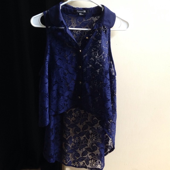 Navy blue lace top with gold accented buttons - Picture 2 of 2