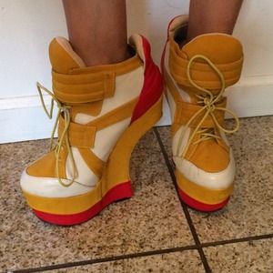 mustard red beige platform faux sneaker heel