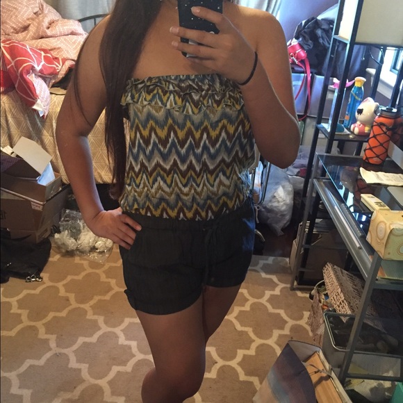 Chevron/Denim Strapless Romper - Picture 4 of 4