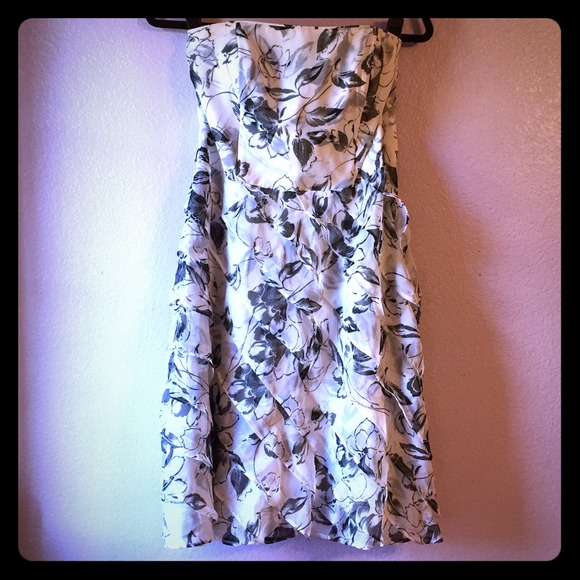 Strapless Black and White Floral Chiffon Dress