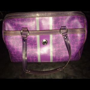 Purple Coach Logo Stripe Satchel Bowling Bag Purse