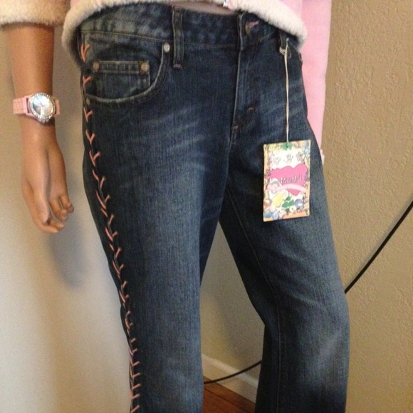 NWT Baby Phat Jeans W/Pink Leather Down Side Leg - Picture 1 of 4