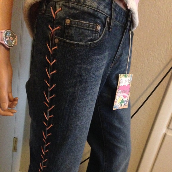 NWT Baby Phat Jeans W/Pink Leather Down Side Leg - Picture 3 of 4