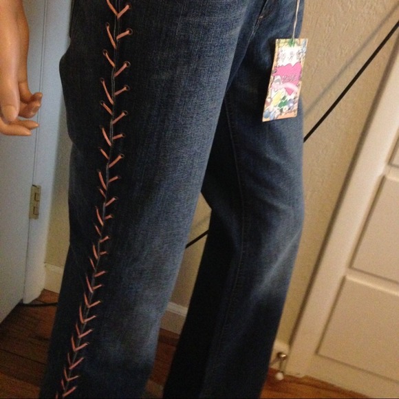 NWT Baby Phat Jeans W/Pink Leather Down Side Leg - Picture 4 of 4